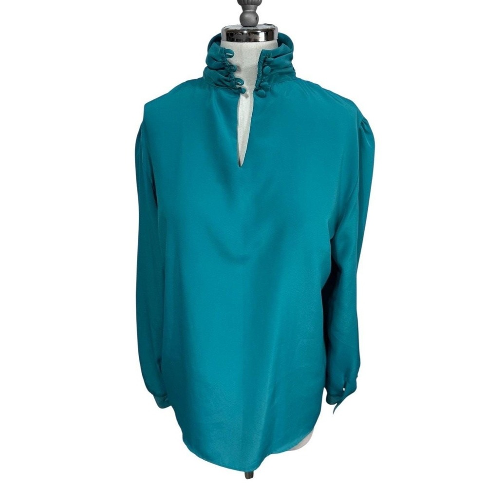 Vintage 90s Willow Ridge High Neck Blouse Teal Satin Mod Secretary Top USA 8